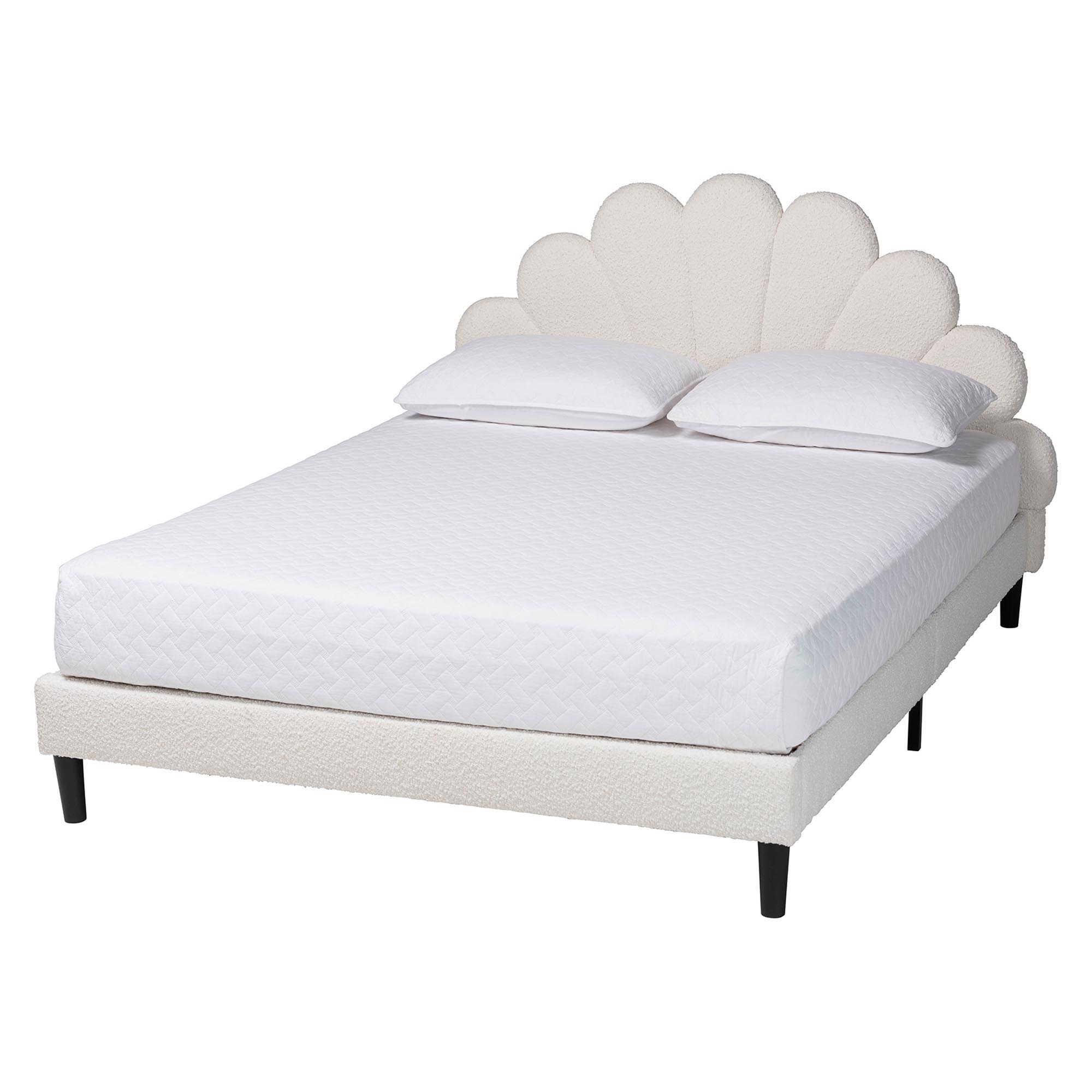 Baxton Studio Albion Boucle Upholstered Platform Bed - Soft Fabric Queen Size Bed Frame with Padded Headboard, Minimalist Design, Cream Affordable modern furniture in Chicago, classic bedroom furniture, modern queen, cheap queen